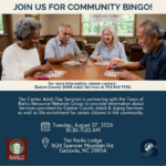 Community Bingo flyer for an event at The Ranlo Lodge on Tuesday, August 27, 2026 from 10:30 to 11:30 AM