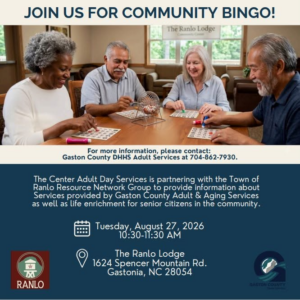 Community Bingo flyer for an event at The Ranlo Lodge on Tuesday, August 27, 2026 from 10:30 to 11:30 AM